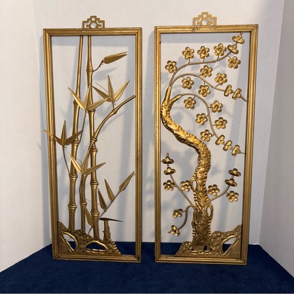 Pair 2 Vtg MCM NAN-KING Asian Wall Art 20" Gold Metal Flower Sculpture Hong Kong - Picture 1 of 8